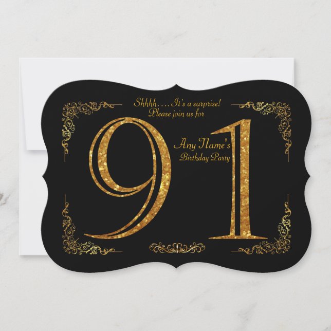 91st,Birthday party 91st,great Gatsby,black & gold Invitation (Front)
