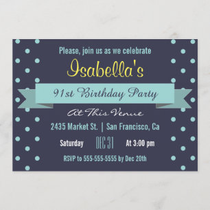 91st Birthday Party Blue Polka Dot and Banner Invitation