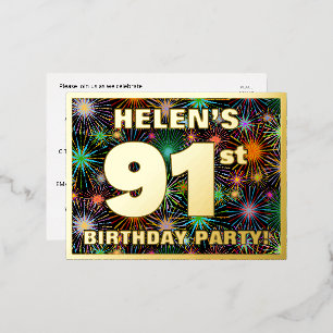 91st Birthday Party: Bold, Colourful Fireworks Loo Foil Invitation Postcard