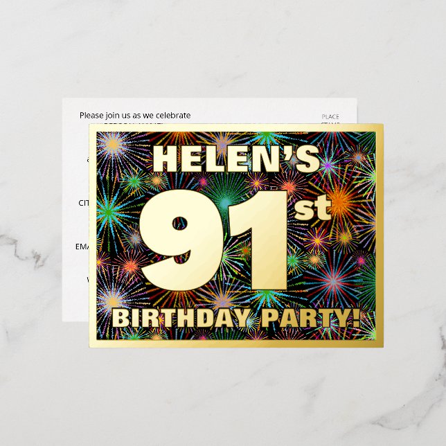 91st Birthday Party: Bold, Colourful Fireworks Loo Foil Invitation Postcard (Front/Back)