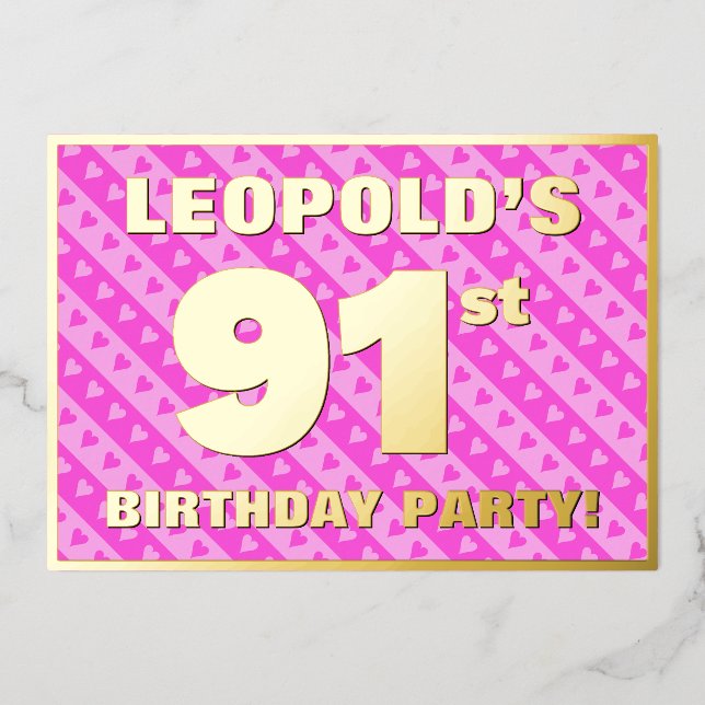 91st Birthday Party — Fun Pink Hearts and Stripes (Front)
