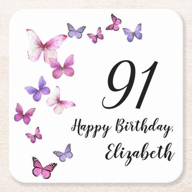 91st Birthday Pink Purple Butterflies  Square Paper Coaster (Front)