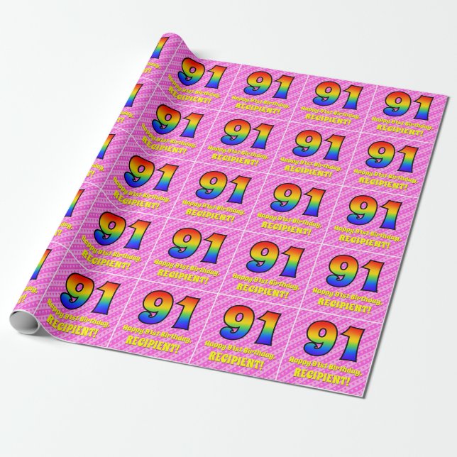 91st Birthday: Pink Stripes & Hearts, Rainbow # 91 Wrapping Paper (Unrolled)