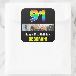 91st Birthday: Rainbow “91”; Custom Photos & Name Square Sticker