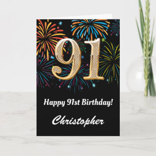 91st Birthday Rainbow Fireworks Black and Gold Card