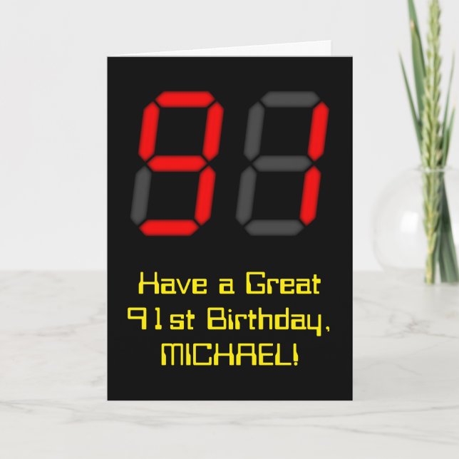 91st Birthday: Red Digital Clock Style "91" + Name Card (Front)