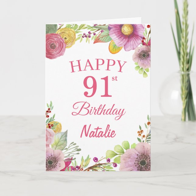 91st Birthday Watercolor Floral Flowers Pink Card (Front)