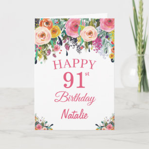 91st Birthday Watercolor Floral Flowers Pink Card