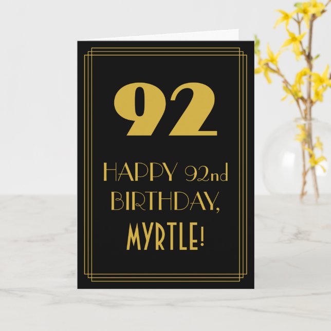 92nd Birthday ~ Art Deco Inspired Look "92" & Name Card (Yellow Flower)