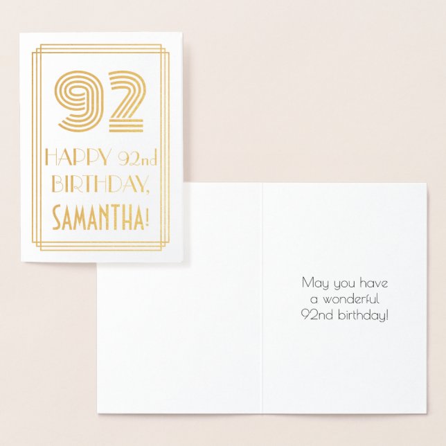 92nd Birthday - Art Deco Inspired Look "92" & Name Foil Card (Display)