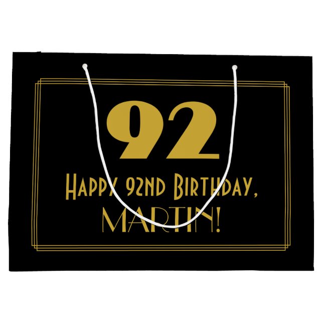 92nd Birthday — Art Deco Inspired Look "92" & Name Large Gift Bag (Back)
