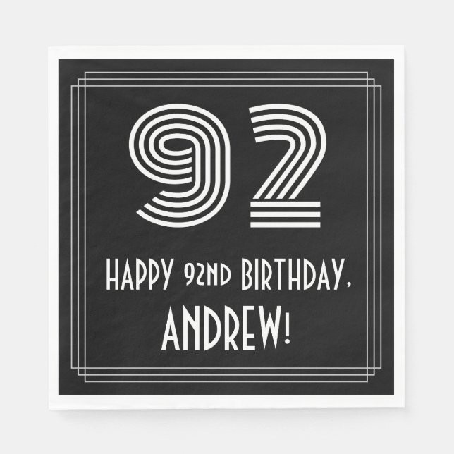 92nd Birthday: Art Deco Inspired Look "92" + Name Napkin (Front)