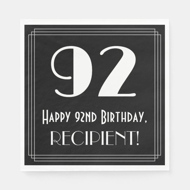 92nd Birthday ~ Art Deco Inspired Look "92", Name Napkin (Front)