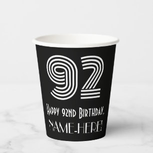 92nd Birthday — Art Deco Inspired Look “92” + Name Paper Cups