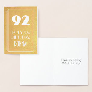 92nd Birthday ~ Art Deco Style "92" & Custom Name Foil Card