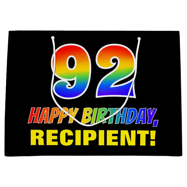 92nd Birthday: Bold, Fun, Simple, Rainbow 92 Large Gift Bag (Front)