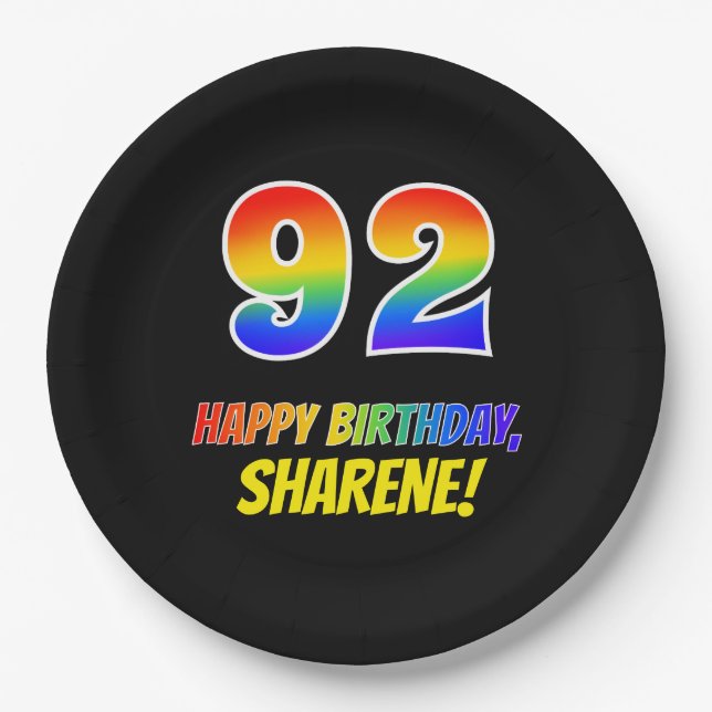 92nd Birthday: Bold, Fun, Simple, Rainbow 92 Paper Plate (Front)