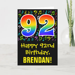 92nd Birthday: Colorful Music Symbols + Rainbow 92 Card
