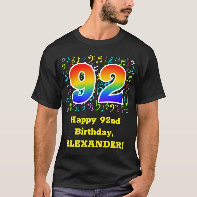 92nd Birthday: Colourful Music Symbols, Rainbow 92 T-Shirt (Front)