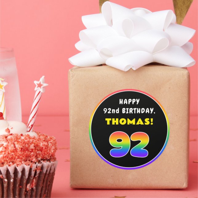 92nd Birthday: Colourful Rainbow # 92, Custom Name Classic Round Sticker (Party)