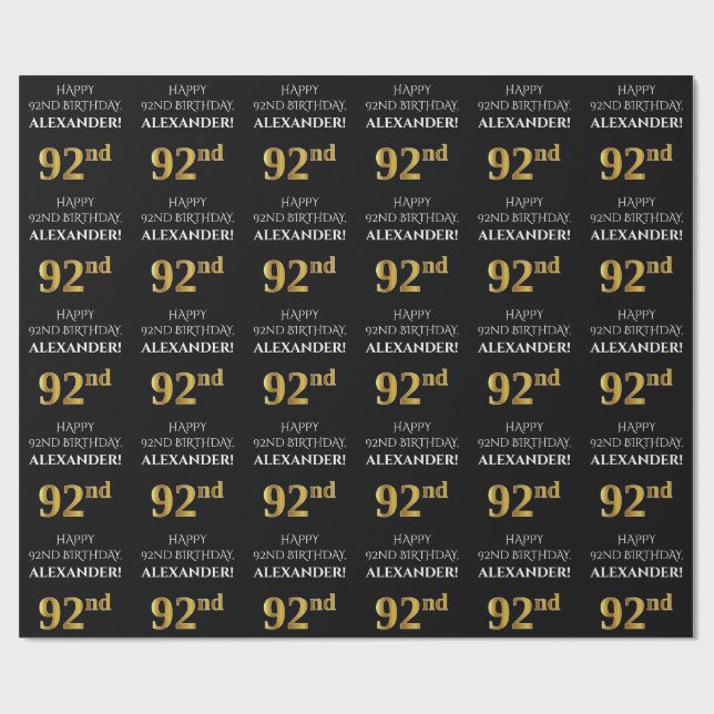92nd Birthday: Elegant, Black, Faux Gold Look Wrapping Paper (Flat)