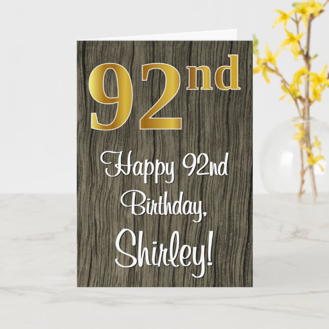 92nd Birthday: Elegant Faux Gold Look #, Faux Wood Card (Yellow Flower)