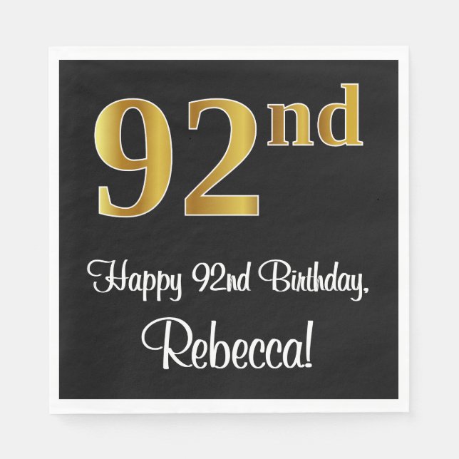 92nd Birthday ~ Elegant Luxurious Faux Gold Look # Napkin (Front)