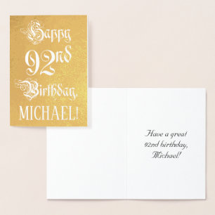 92nd Birthday: Elegant, Ornate Script; Custom Name Foil Card