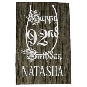 92nd Birthday: Fancy, Faux Wood Look + Custom Name Medium Gift Bag