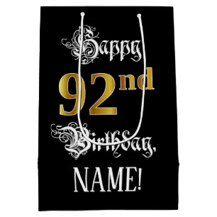 92nd Birthday ~ Fancy Script; Faux Gold Look; Name Medium Gift Bag