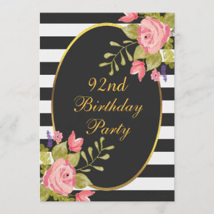 92nd Birthday Floral Black White Stripes Gold Foil Invitation