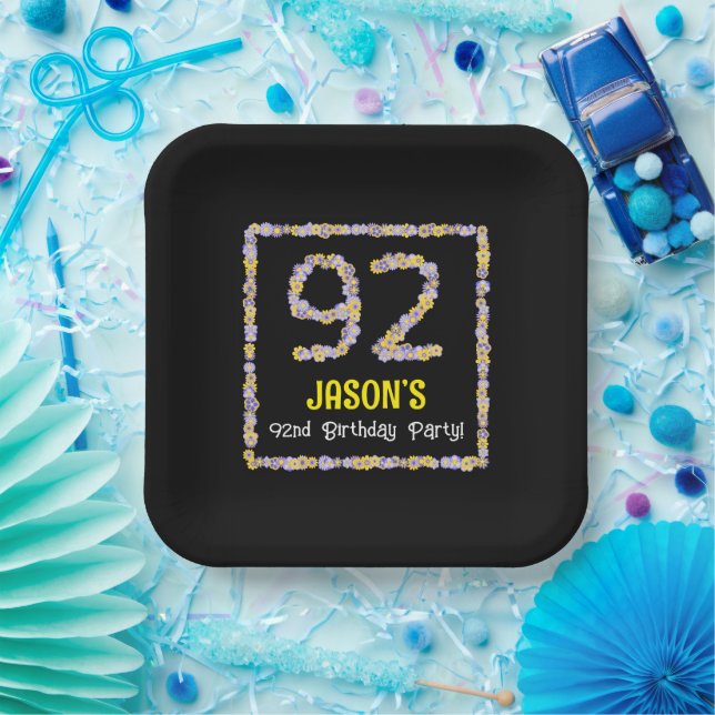 92nd Birthday: Floral Flowers Number, Custom Name Paper Plate (Party)
