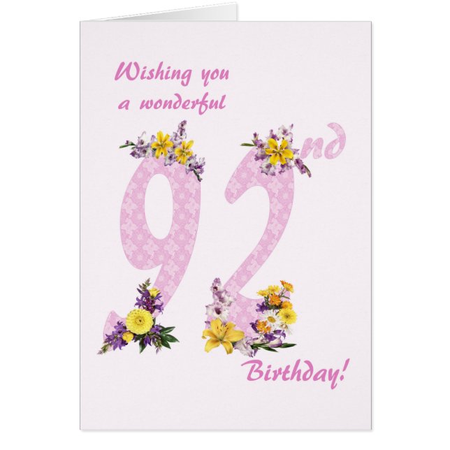 92nd Birthday Flower Decorated Numbers (Front)