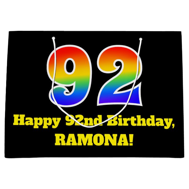 92nd Birthday ~ Fun, Colourful, Vibrant, Rainbow 9 Large Gift Bag (Front)