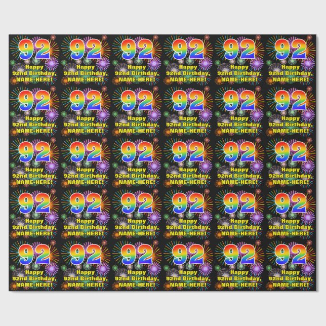 92nd Birthday: Fun Fireworks, Rainbow Look # “92” Wrapping Paper (Flat)