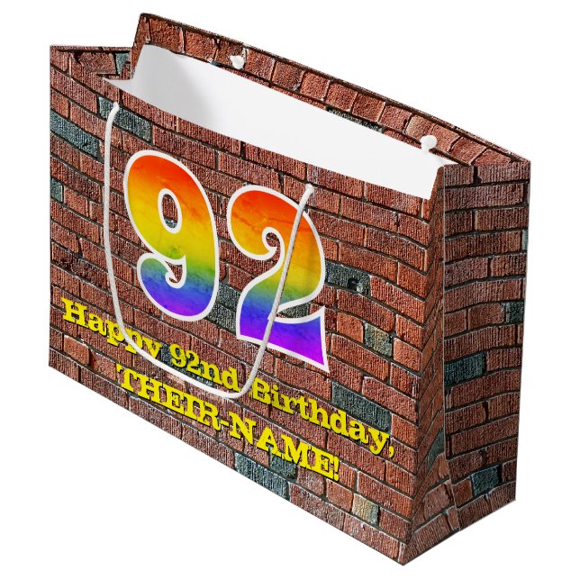 92nd Birthday: Fun, Graffiti-Inspired Rainbow # 92 Large Gift Bag (Front Angled)