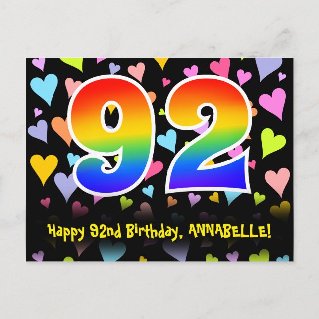 92nd Birthday: Fun Hearts Pattern, Rainbow 92 Postcard (Front)