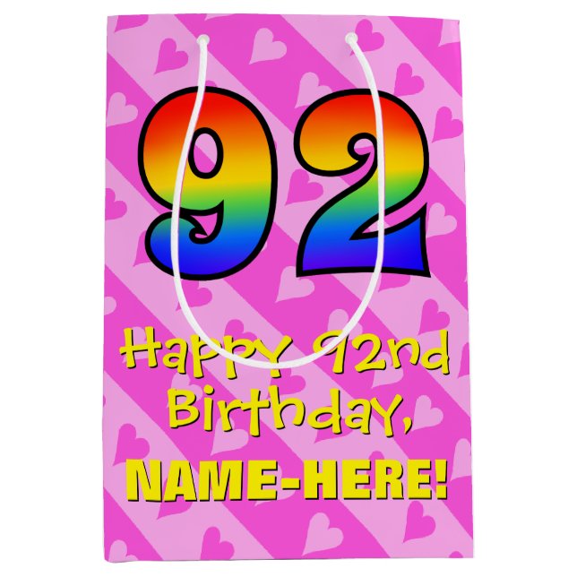 92nd Birthday: Fun Pink Hearts Stripes; Rainbow 92 Medium Gift Bag (Front)