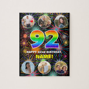 92nd Birthday: Fun Rainbow #, Custom Name + Photos Jigsaw Puzzle