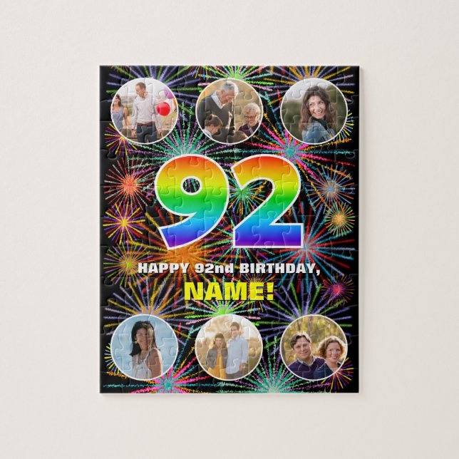 92nd Birthday: Fun Rainbow #, Custom Name + Photos Jigsaw Puzzle (Vertical)