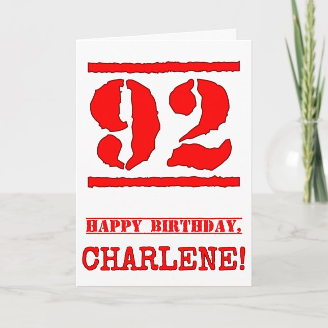 92nd Birthday: Fun, Red Rubber Stamp Inspired Look Card (Front)