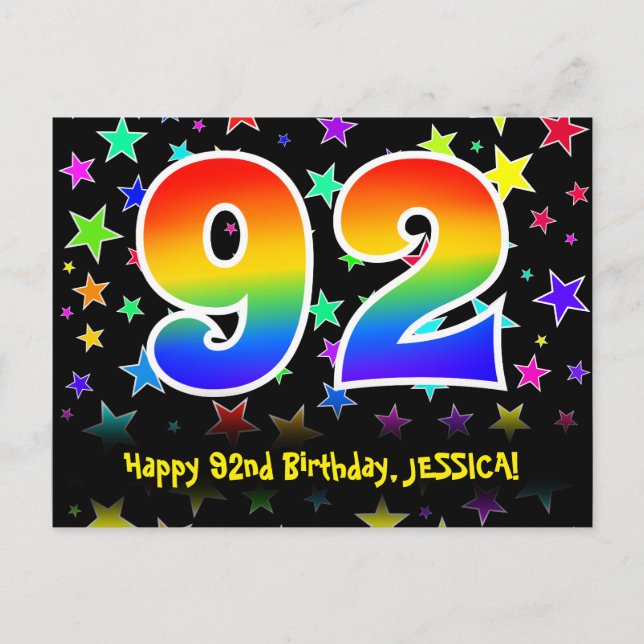 92nd Birthday: Fun Stars Pattern, Rainbow 92, Name Postcard (Front)