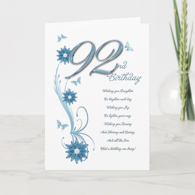92nd birthday in teal with flowers and butterfly card (Front)