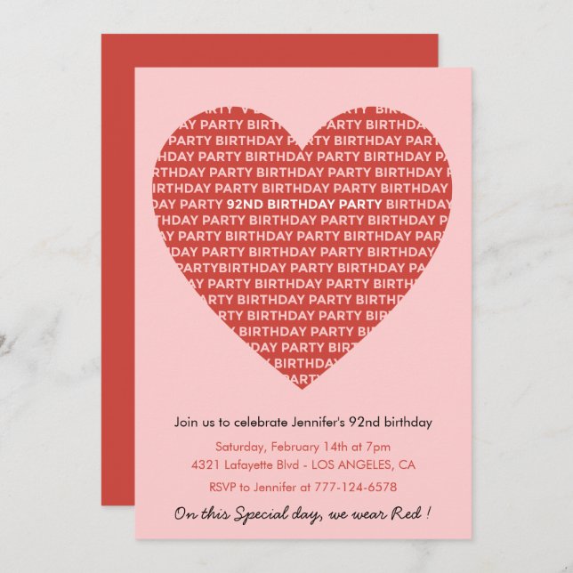 92nd birthday invitation typography Red Pink (Front/Back)