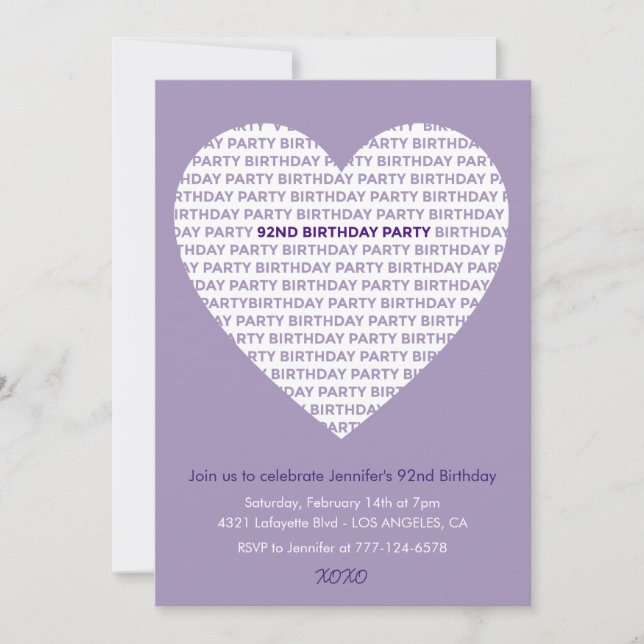 92nd birthday invitation typography xoxo  (Front)