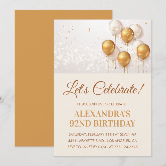 92nd birthday invitations Balloons Gold (Front/Back)