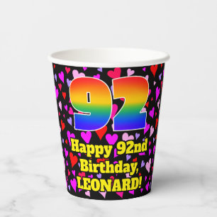 92nd Birthday: Loving Hearts Pattern, Rainbow 92 Paper Cups