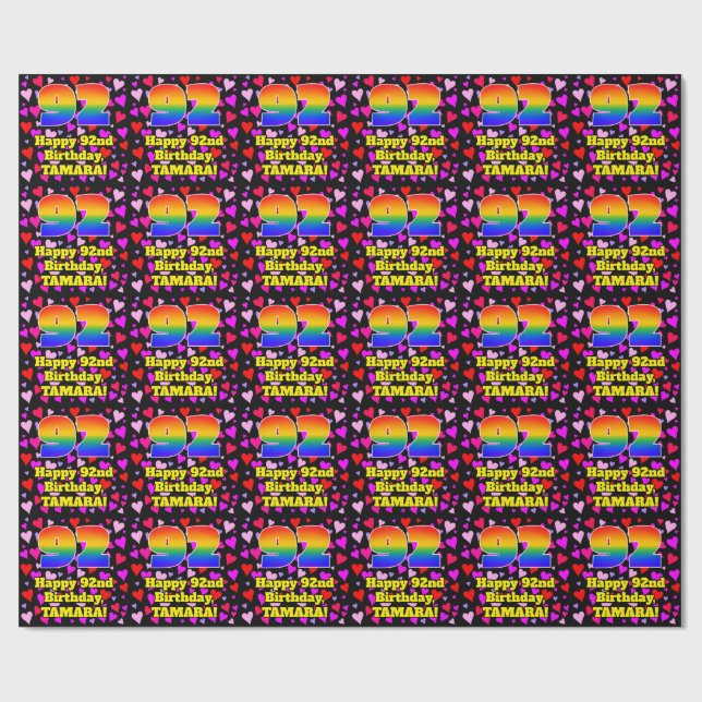 92nd Birthday: Loving Hearts Pattern, Rainbow # 92 Wrapping Paper (Flat)