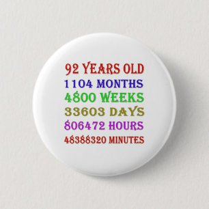 92nd Birthday Milestones 6 Cm Round Badge