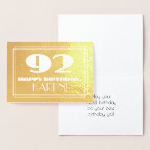 92nd Birthday: Name + Art Deco Inspired Look "92" Foil Card